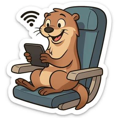 playful otter using wifi on a plane, modern cartoon style, clear subject sticker