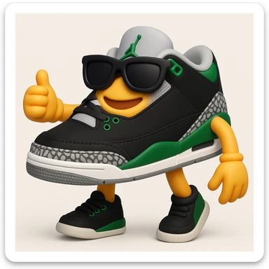 Create a 3D emoji style sneaker based on the provided reference image, adding arms, legs, and a cool facial expression with sunglasses. The style should resemble Microsoft style 3D fluent emojis with a playful and friendly look. sticker