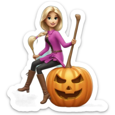 Alan from the movie Barbie riding a broom on Halloween sticker