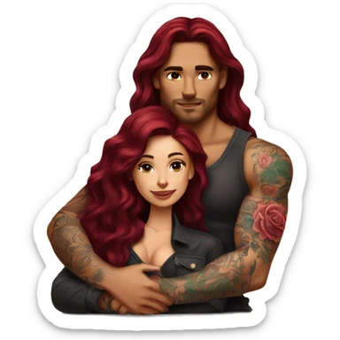 Beautiful tattooed burgundy long haired woman laying on the boyfriends chest sticker