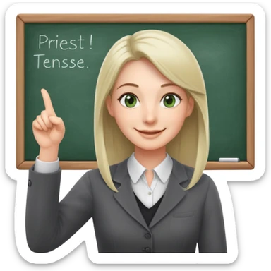 smiling English teacher with airtouch hair and grey-green eyes pointing at a chalkboard with present simple tense table sticker