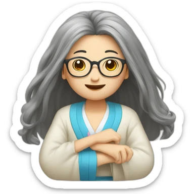 Chinese senio lady has long hair wear glasses show love sign sticker