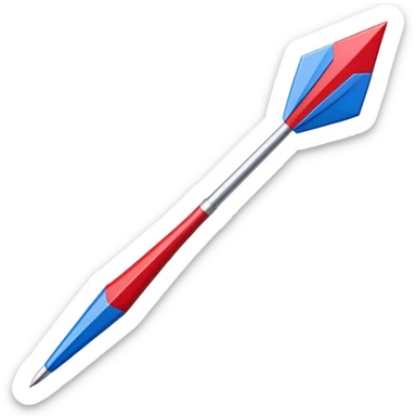 emoji-style icon of a dart with a sharp pointed metal tip, slim wooden or metal shaft, colorful fletching at the back in red, white, and blue, minimalistic, clean lines, bright colors, angled diagonally upward to the right, subtle shadow or highlight for depth sticker