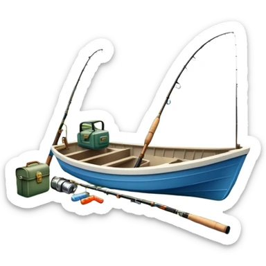 Icon for Fishing: a fishing boat by a water body with a beautiful nature backdrop, a spinning rods, fishing boots, and a fishing tackle box. The icon should evoke the peaceful and adventurous spirit of fishing. Transparent background. sticker