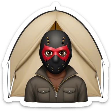 dark skinned black man standing in front of tent with a jason mask sticker