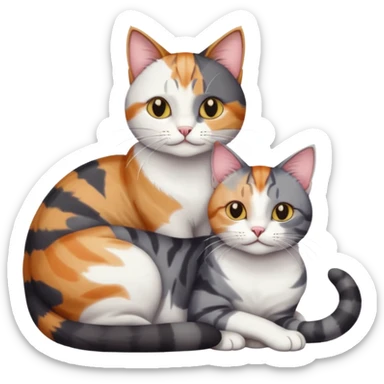 two cats in love, a colourful light patched calico + white tabby cat cuddling a bigger cat that is dark grey and white tabby cat sticker