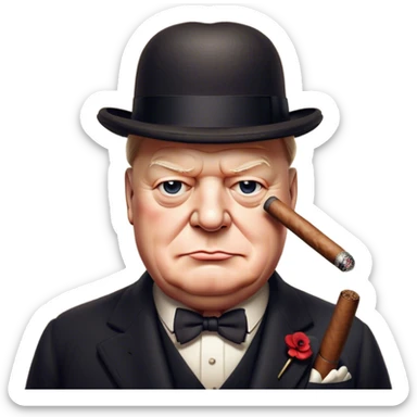 Cinematic Realistic Winston Churchill Portrait Emoji, depicted as a resolute British statesman with a signature bowler hat and a cigar, exuding determined leadership and wartime valor, rendered with lifelike textures and dramatic vintage lighting that captures his iconic British spirit. sticker