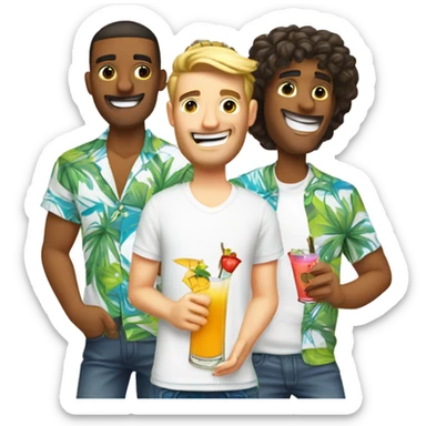 a guy in a white T-shirt, a Hawaiian shirt on top of the T-shirt, a guy holding a cocktail sticker