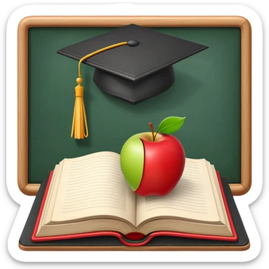 An icon featuring an open book, a chalkboard with lesson plans, and a pencil, symbolizing education and pedagogy. The design includes an apple and a graduation cap, representing teaching and learning. Transparent background highlights the growth and development in education. sticker