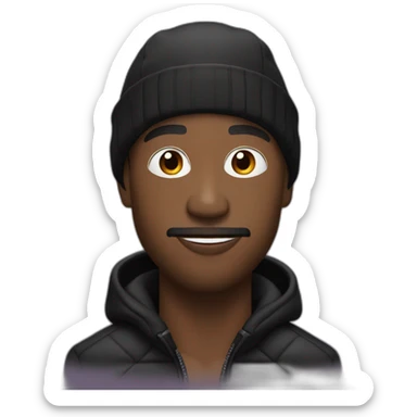 Black man with big nose and little black facial hair wearing a black durag and puffer jacket sticker
