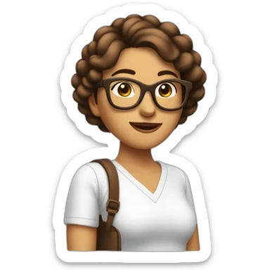 mujer riendo con piel de color blanco con gafas cabello hasta el hombro y de color marron con un computador sticker
