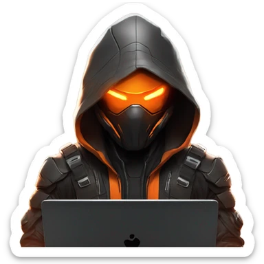  developer behind his laptop with this style : crysis Cyberpunk Valorant orange glowing bright orange character orange black hooded assassin themed character sticker