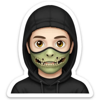 это должен быть юноша, одет в черную худи с балаклавой, глаза цвета хамелион, но более коричневые, выглядит как зомби и еще немного длинные волнистые кудрявые волосы темно коричневого цвета, также добавь темный оттенок на задней фон sticker