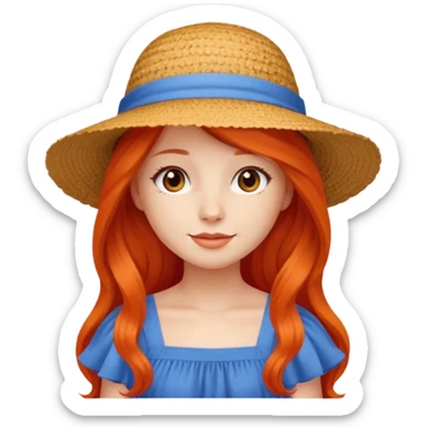 girl_wearing_summer_hat, red orrange long hair, blue dress sticker