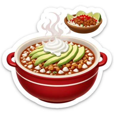 A delicious hot bowl of pozole rojo emoji. Steam rising. Hominy visible. Place the sides next to the bowl: chopped onions, shredded cabbage, lime wedges, red chile de arbol salsa, and full round tostadas with a light smear of sour cream sticker