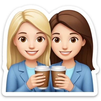 Two girls smiling, holding one coffee cup together sticker