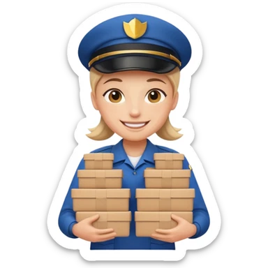smiling delivery person with uniform and multiple packages sticker