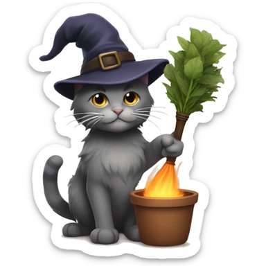 Smokey fluffy cat wearing old witches hat, holding a broomstick and a potted herb  sticker