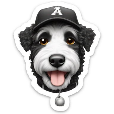 Black and white Aussie doodle in a baseball hat sticker
