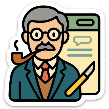 minimalistic icon of a refined scholarly professor with glasses, pipe, elegant suit, exuding intellectual authority and respect, atop a sleek document background with subtle AI messaging interface cues, scalpel motif subtly integrated, vintage European university color palette, evokes technical precision and scholarly elegance sticker