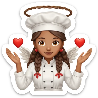 Brown-skinned female chef with long braided brown hair, wearing a chef's hat, with both an angel halo and devil horns, making a heart shape with her hands sticker