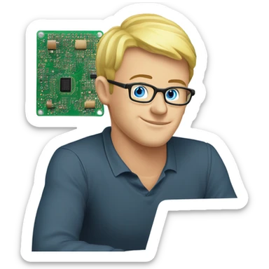 man looks 35 classes short hair, european, tech nerd love pcb designing, blond hair shorter blue eyes behind laptop with pcb in hand with classes sticker