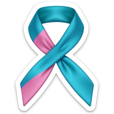 Thyroid cancer ribbon which has a blue strand, a pink strand and teal at the top where the ribbon crossed over sticker