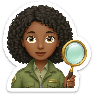 dark skin curly black haired middle-aged woman in moss green explorer outfit, holding magnifying glass sticker