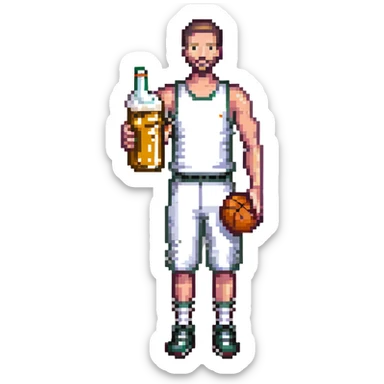 Thin man with basketball and beer sticker