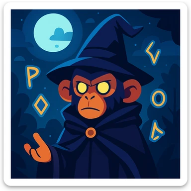 mysterious wizard monkey, dark cloak, floating magical runes, moonlight sticker
