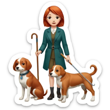Red headed woman with a cane and a dog sticker