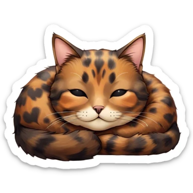 Meme-Worthy Cute Sleeping Tortoiseshell Cat Portrait Emoji, Head resting with a serene, sleepy smile and softly closed, dreamy eyes, showcasing a warm, mottled fur of rich browns and blacks, simplified yet adorably detailed, glowing with a gentle, drowsy radiance, high shine, exuding relaxed, heart-melting charm, styled with a soft glowing outline, capturing the essence of a sleeping tortoiseshell cat that radiates pure, peaceful cuteness! sticker