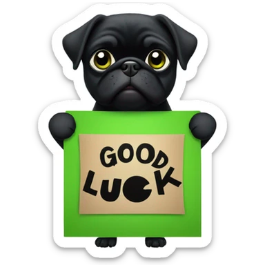 Black pug holding a green sign that says good luck  sticker