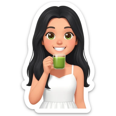 woman drink matcha black long hair green and brown eyes white dress and smile with teeth sticker