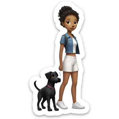 Girl with curly ponytail walk with a black dog with white Chest sticker