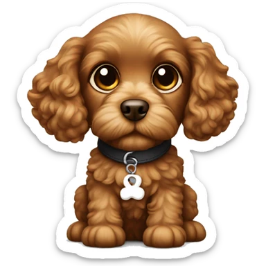Brown cavapoo puppy with big eyes and bone collar that says sparky sticker
