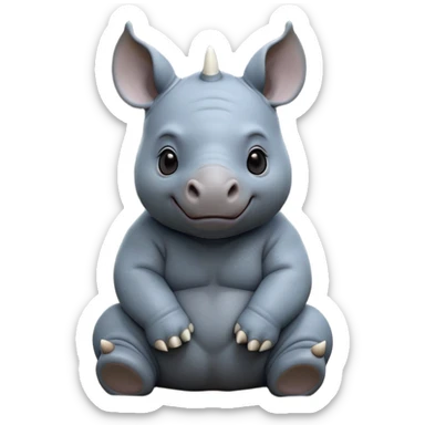 cinematic-baby rhino-full-body-sitting-emoji,white horn, slate grey/blue skin -massive-body-poised-powerfully,-thick-horn-curving-slightly-forward,-head-tilted-dramatically,-rough-grey-hide-covered-in-dust,-simplified-focused-features, large cute black eyes sticker