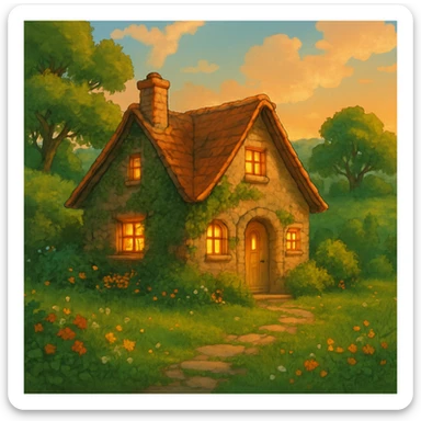 cozy cottage in a lush landscape with warm lighting in ghibli style sticker