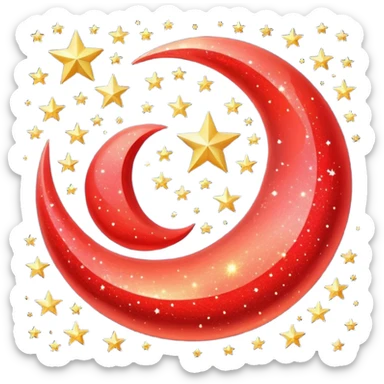 Beautiful sparkly glittery shiny pretty red crescent and stars scenery sticker