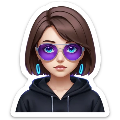 
girl with brown bob and blue eyes in a black hoodie and sunglasses. Cyberpunk style. Violet neon. sticker