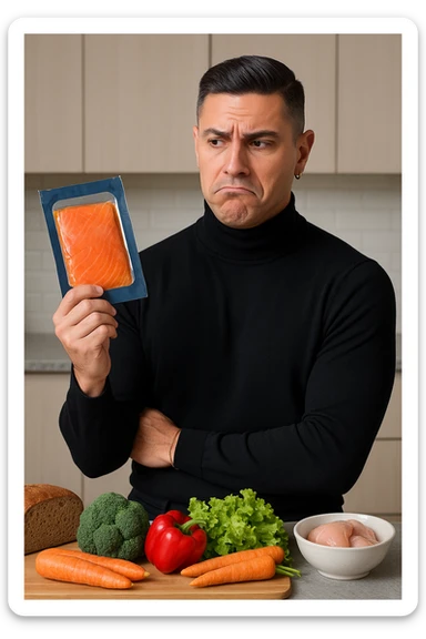a man stands in his kitchen, holding a package of smoked salmon in one hand. He looks at it with a doubtful, slightly disapproving expression—eyebrows raised and lips pressed together. On the counter behind him, fresh vegetables and healthier protein options are visible, emphasizing his awareness of better choices. The mood is reflective and subtly critical. sticker