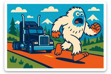 A black Kenworth W680 flat top semi truck with chrome stacks, chasing a big furry abominable snowman on a road, colorful and playful, no text sticker