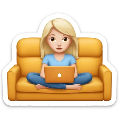 A white girl is lying on a sofa with a laptop sticker