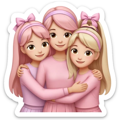 "Four girls hugging each other, all wearing soft pink clothes, two with long hair and two with shoulder-length short hair, smiling, cute iPhone emoji style, with hair accessories like headbands or ribbons, pastel color palette, soft shading, white background" sticker