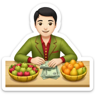 hombre piel clara pelo negro con ropa de frutero sentado en una mesa contando mucho dinero sticker