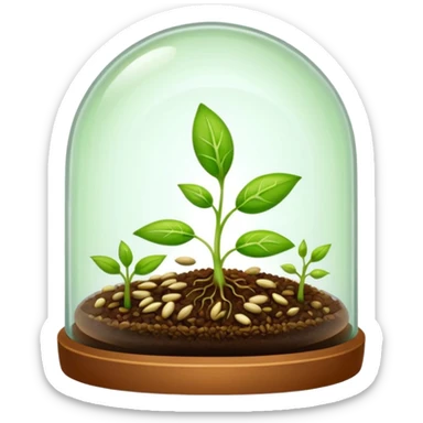 a pile of seeds at the right side and a germinating seed under a glass dome at the right side . Transparent background sticker