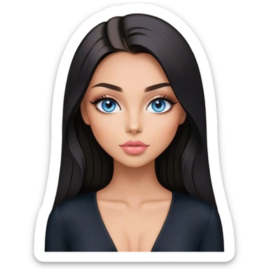 Glamours, tanned, beautiful, girl, with blue eyes, big pump peach-beige-rose lips, eyeliner, long lashes, black straight smooth silky long hair, parting hair in the middle,  in black v-neck bodysuit long sleeves sticker