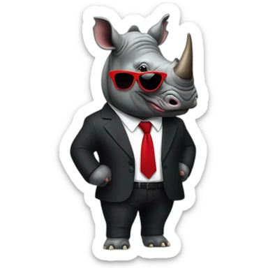 rhino wearing black suit with red tie and sunglasses sticker