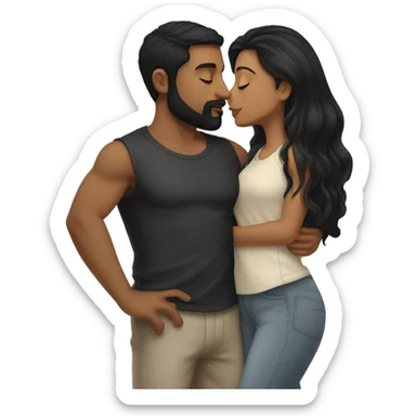 Medium skinned toned short bearded man with black hair kissing medium skin toned girl with black long hair wearing pajamas sticker