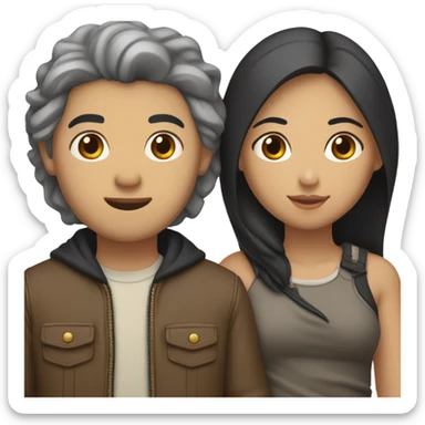 a couple holding hands. the guy has black middle part hair and is Persian and Filipino mix, wearing a jacket. the girl has brown hair white and asian mix, wearing a crop top. sticker